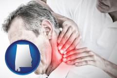 alabama map icon and male chiropractor massaging the neck of a patient