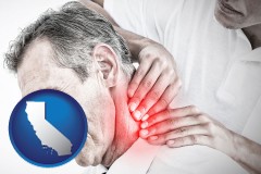 california map icon and male chiropractor massaging the neck of a patient