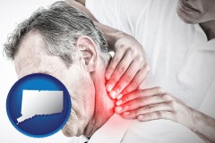 connecticut map icon and male chiropractor massaging the neck of a patient