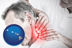 hawaii map icon and male chiropractor massaging the neck of a patient