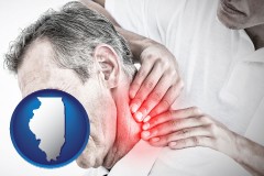 illinois map icon and male chiropractor massaging the neck of a patient