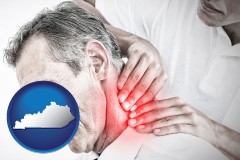kentucky map icon and male chiropractor massaging the neck of a patient