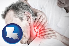 louisiana map icon and male chiropractor massaging the neck of a patient