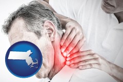 massachusetts map icon and male chiropractor massaging the neck of a patient