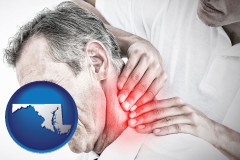 maryland map icon and male chiropractor massaging the neck of a patient