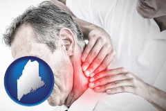 maine map icon and male chiropractor massaging the neck of a patient
