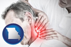 missouri map icon and male chiropractor massaging the neck of a patient