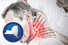new-york map icon and male chiropractor massaging the neck of a patient