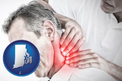 rhode-island map icon and male chiropractor massaging the neck of a patient