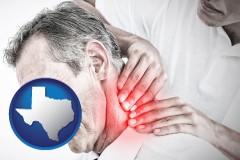 texas map icon and male chiropractor massaging the neck of a patient