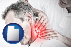 utah map icon and male chiropractor massaging the neck of a patient