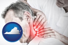 virginia map icon and male chiropractor massaging the neck of a patient
