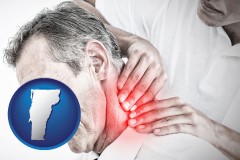 vermont map icon and male chiropractor massaging the neck of a patient