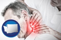 washington map icon and male chiropractor massaging the neck of a patient