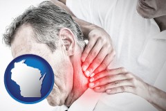 wisconsin map icon and male chiropractor massaging the neck of a patient