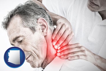 male chiropractor massaging the neck of a patient - with Arizona icon