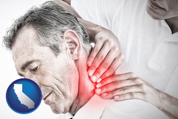 male chiropractor massaging the neck of a patient - with California icon