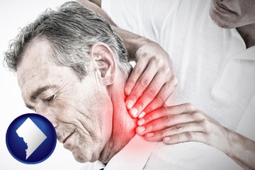 male chiropractor massaging the neck of a patient - with Washington, DC icon