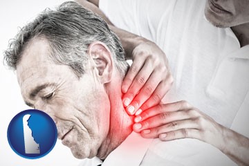 male chiropractor massaging the neck of a patient - with Delaware icon