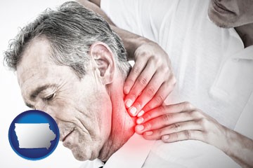 male chiropractor massaging the neck of a patient - with Iowa icon
