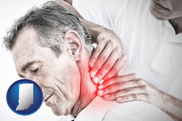 male chiropractor massaging the neck of a patient - with Indiana icon