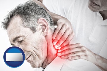 male chiropractor massaging the neck of a patient - with Kansas icon