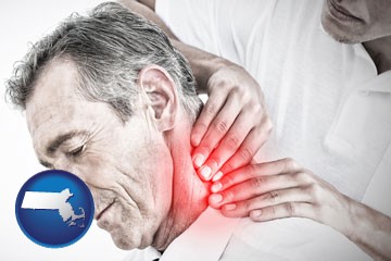 male chiropractor massaging the neck of a patient - with Massachusetts icon