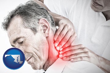 male chiropractor massaging the neck of a patient - with Maryland icon