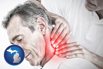 male chiropractor massaging the neck of a patient - with Michigan icon