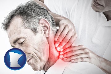 male chiropractor massaging the neck of a patient - with Minnesota icon