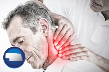 male chiropractor massaging the neck of a patient - with Nebraska icon