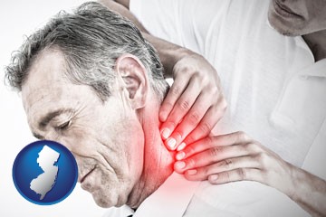 male chiropractor massaging the neck of a patient - with New Jersey icon