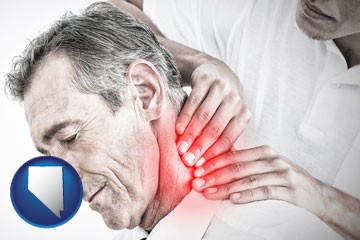 male chiropractor massaging the neck of a patient - with Nevada icon