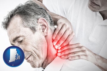 male chiropractor massaging the neck of a patient - with Rhode Island icon