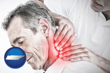 male chiropractor massaging the neck of a patient - with Tennessee icon