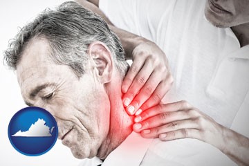 male chiropractor massaging the neck of a patient - with Virginia icon