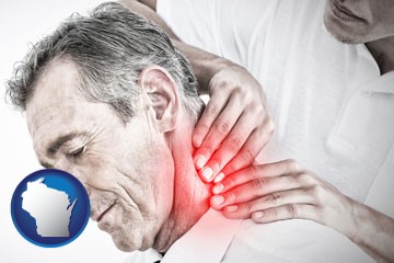 male chiropractor massaging the neck of a patient - with Wisconsin icon