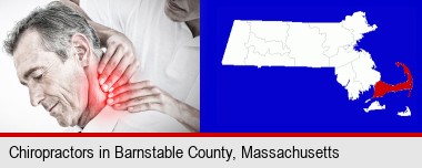 male chiropractor massaging the neck of a patient; Barnstable County highlighted in red on a map