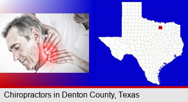 male chiropractor massaging the neck of a patient; Denton County highlighted in red on a map