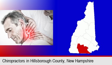 male chiropractor massaging the neck of a patient; Hillsborough County highlighted in red on a map
