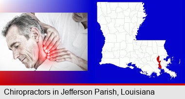 male chiropractor massaging the neck of a patient; Jefferson Parish highlighted in red on a map