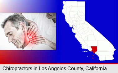 male chiropractor massaging the neck of a patient; Los Angeles County highlighted in red on a map
