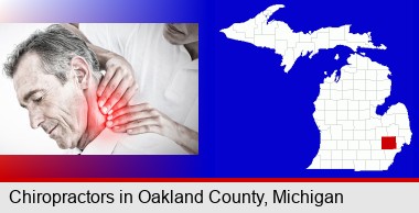 male chiropractor massaging the neck of a patient; Oakland County highlighted in red on a map