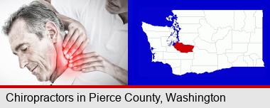 male chiropractor massaging the neck of a patient; Pierce County highlighted in red on a map