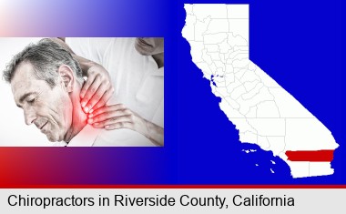 male chiropractor massaging the neck of a patient; Riverside County highlighted in red on a map