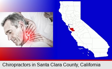 male chiropractor massaging the neck of a patient; Santa Clara County highlighted in red on a map