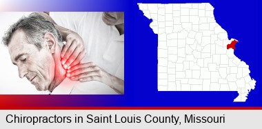male chiropractor massaging the neck of a patient; St Francois County highlighted in red on a map