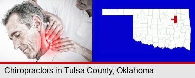 male chiropractor massaging the neck of a patient; Tulsa County highlighted in red on a map