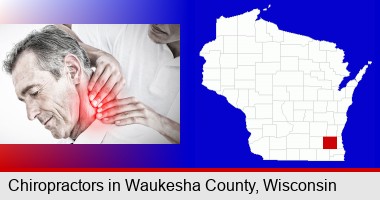 male chiropractor massaging the neck of a patient; Waukesha County highlighted in red on a map