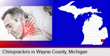 male chiropractor massaging the neck of a patient; Wayne County highlighted in red on a map